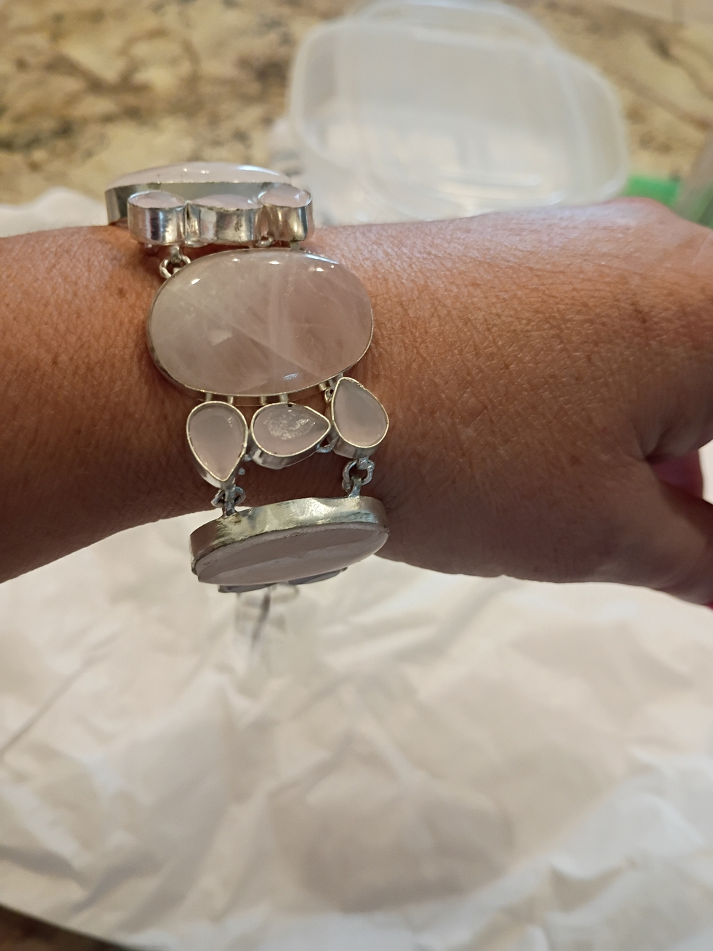 Handcrafted Rose Quartz Sterling Statement Bracelet Beautiful!